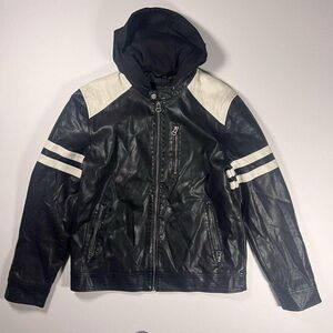 Wilson's Cycle Faux Leather Jacket with‎ Hood & Black and White Stripes